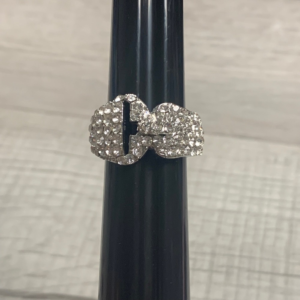 Silver Tone Rhinestone Buckle Stretch Ring Statement Pave Crystal Size 10